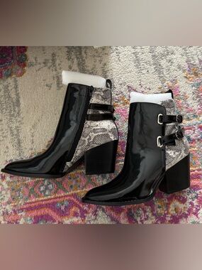 NWT Black Patent & Snake-Print Ankle Booties